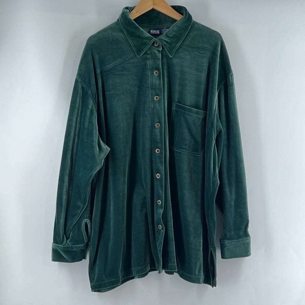 Vtg Honors Plus 2X Velour Button Up Shirt Green Oversized Shacket 22W Holiday
